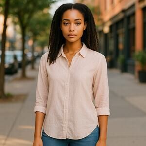BANANA REPUBLIC Pink Flowers Long Sleeve White Blouse ~ Women's Top Size LARGE
